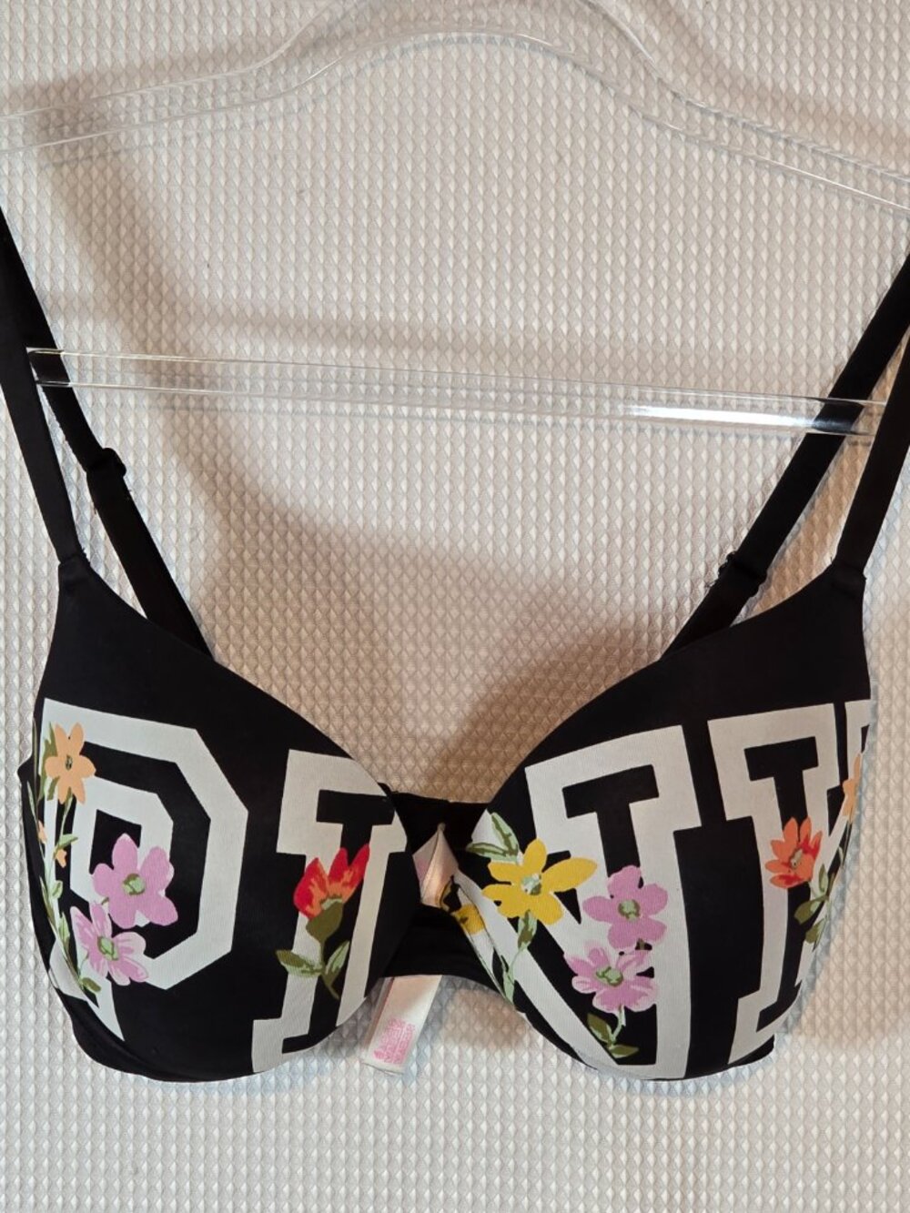 PINK Victoria's Secret Push Up Bra 34D Black White Floral Logo Underwire